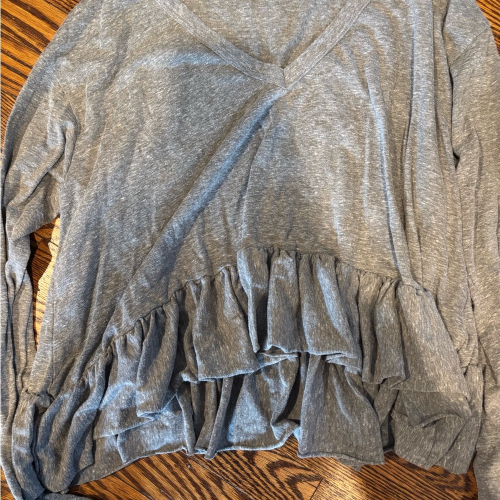 Gray Ruffled V-Neck Top